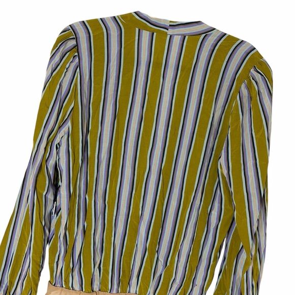 Astr The Label Quinn Bodysuit Wrap Blouse Stripe Gold Purple L pm - Picture 9 of 11
